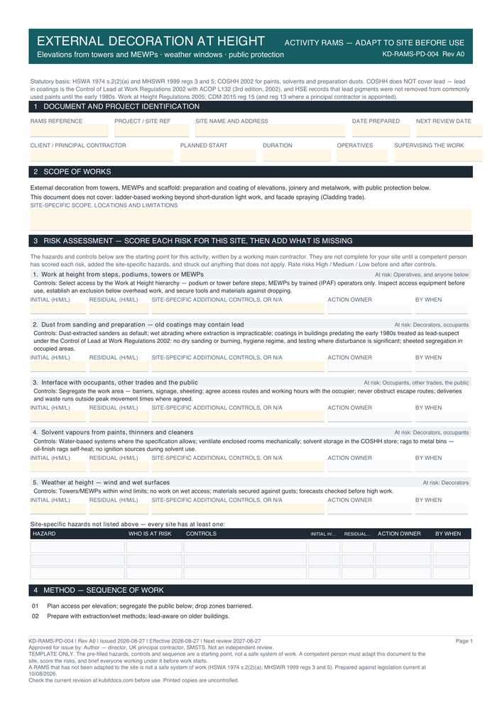 External Decoration at Height — page one