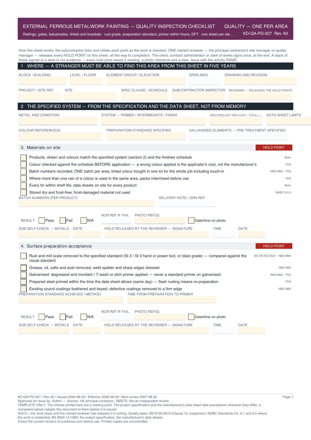 External Ferrous Metalwork Painting — Quality Inspection Checklist — page one
