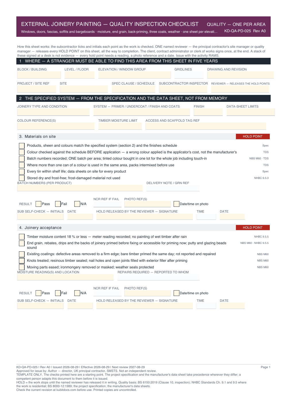 External Joinery Painting — Quality Inspection Checklist — page one