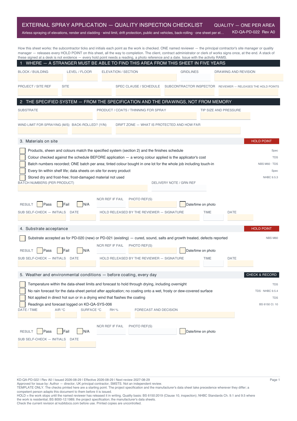 External Spray Application — Quality Inspection Checklist — page one