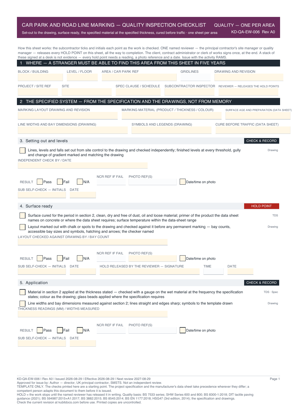 Car Park and Road Line Marking — Quality Inspection Checklist — page one