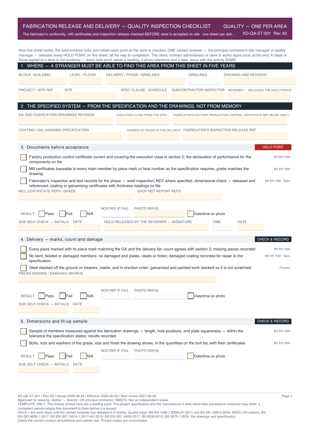 Fabrication Release and Delivery — Quality Inspection Checklist — page one