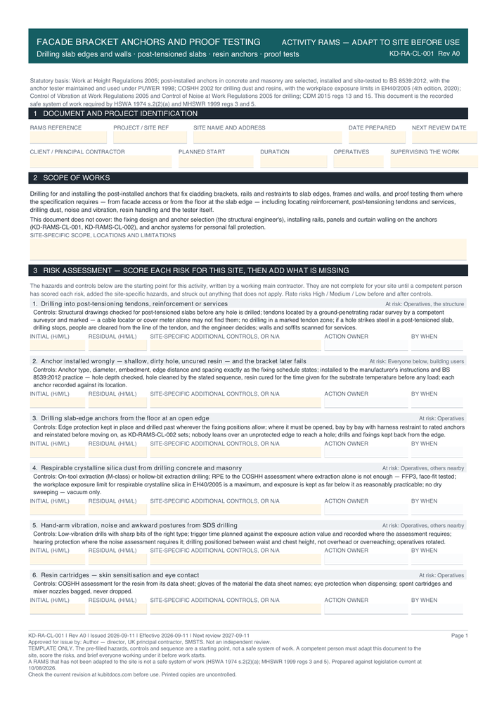 Facade Bracket Anchors and Proof Testing — page one