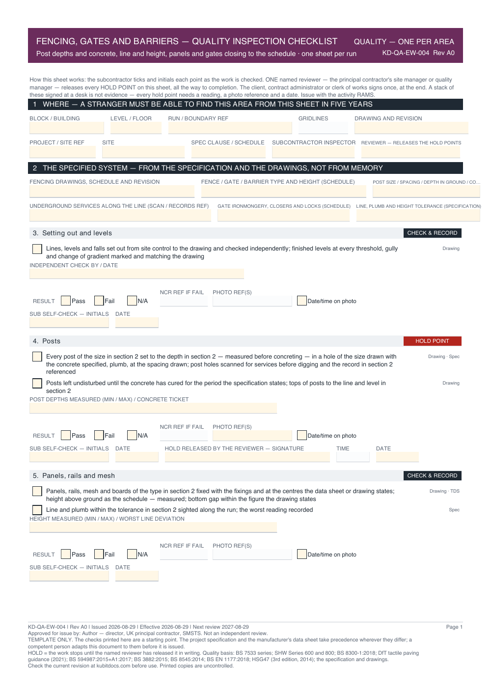 Fencing, Gates and Barriers — Quality Inspection Checklist — page one