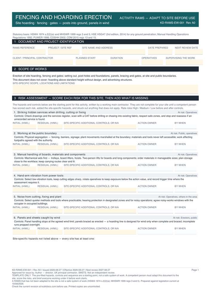 Fencing and Hoarding Erection — page one