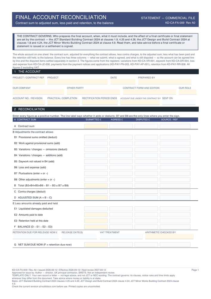 Final Account Reconciliation — page one