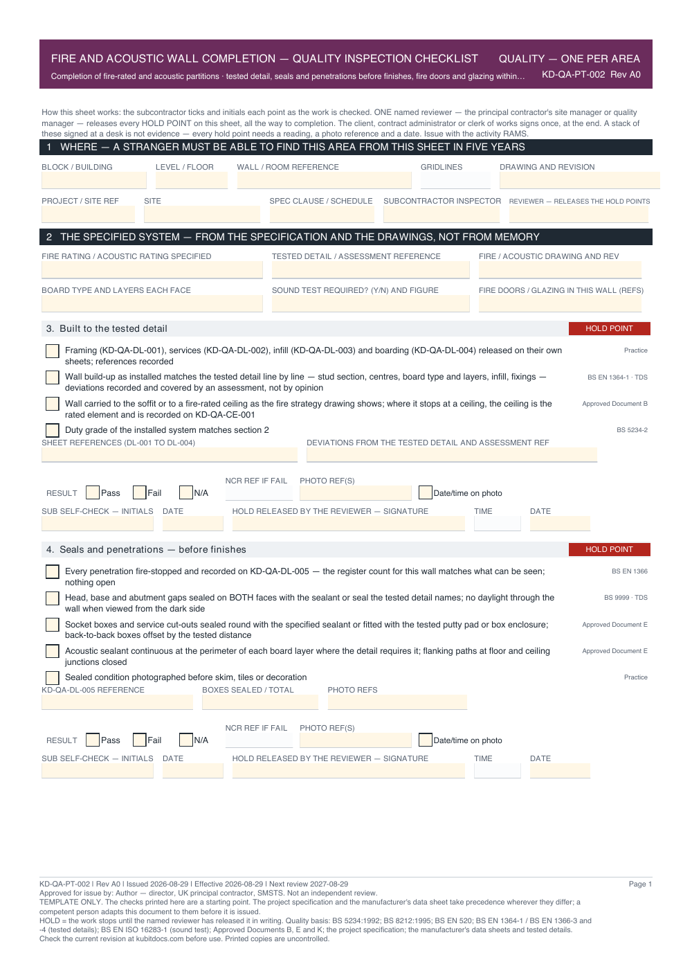 Fire and Acoustic Wall Completion — Quality Inspection Checklist — page one