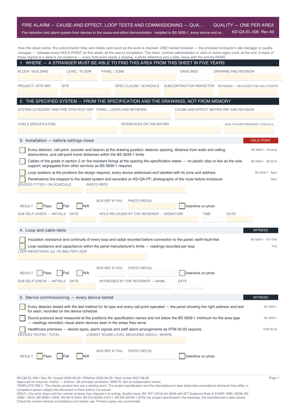 Fire Alarm — Cause-and-Effect, Loop Tests and Commissioning — Quality Inspection Checklist — page one