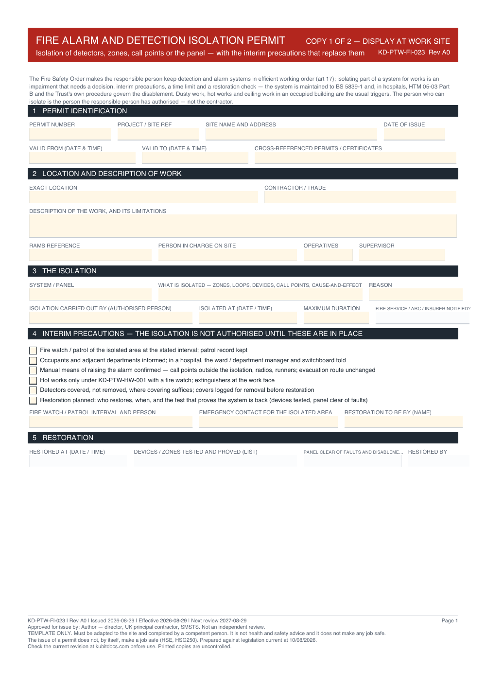 Fire Alarm and Detection Isolation Permit — page one