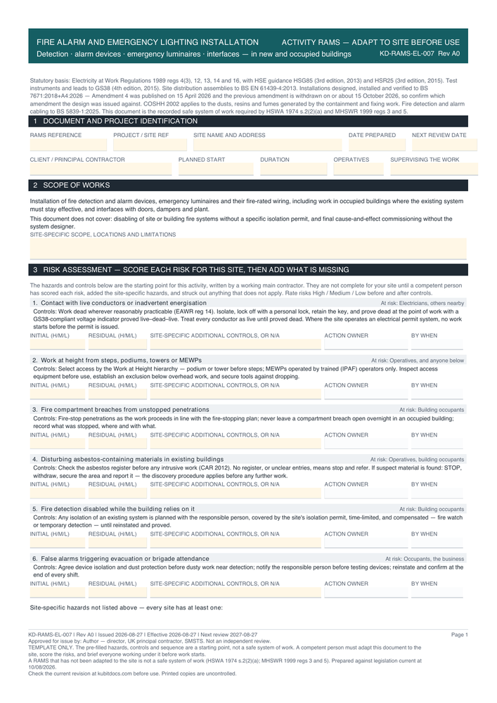 Fire Alarm and Emergency Lighting Installation — page one