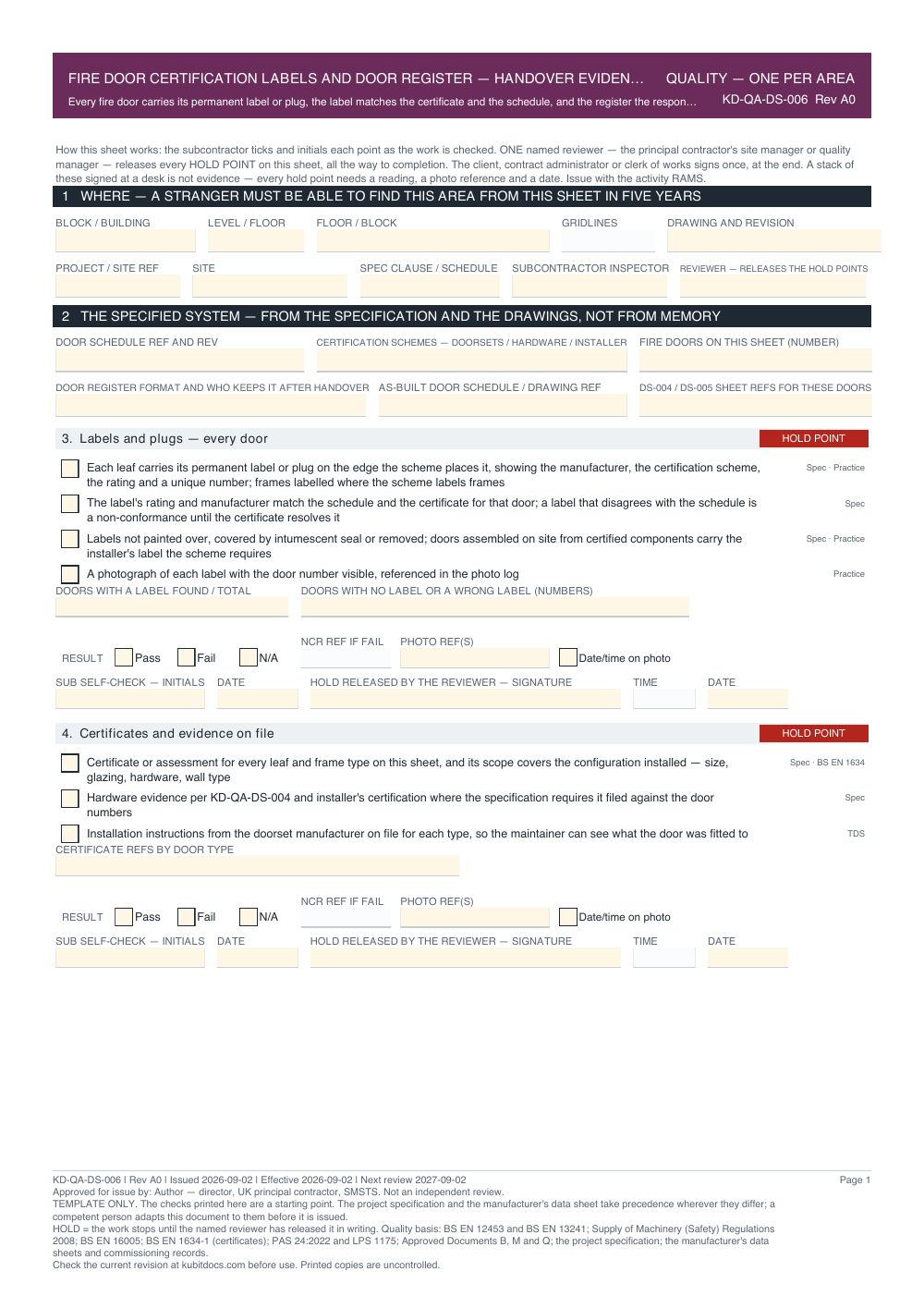 Fire Door Certification Labels and Door Register — Handover Evidence — Quality Inspection Checklist — page one