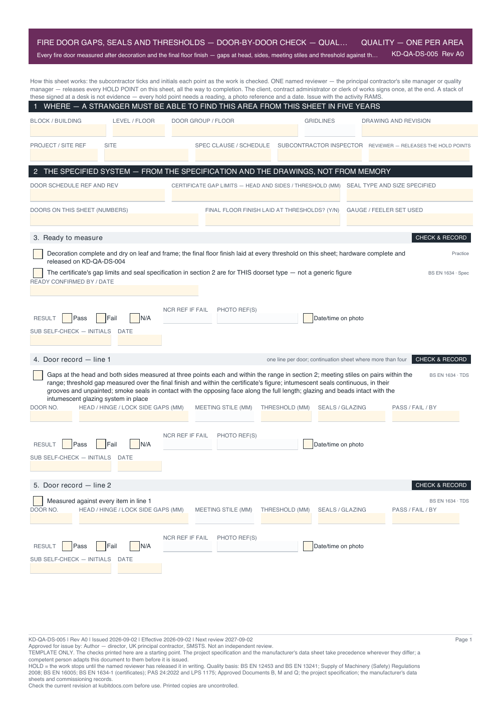 Fire Door Gaps, Seals and Thresholds — Door-by-Door Check — Quality Inspection Checklist — page one