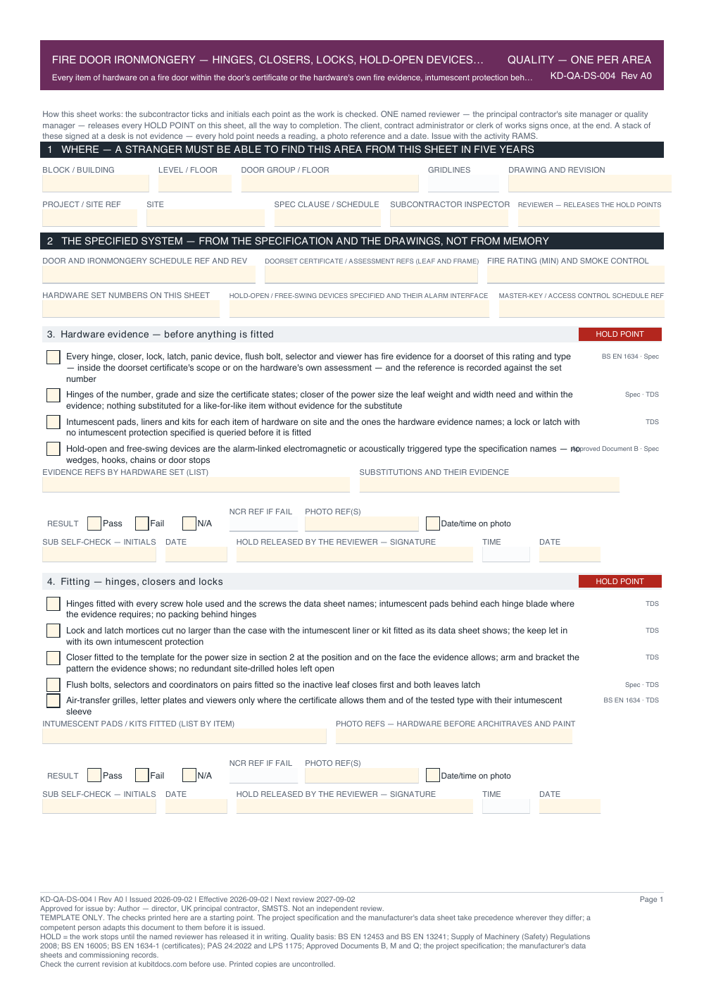 Fire Door Ironmongery — Hinges, Closers, Locks, Hold-Open Devices and Intumescent Protection — Quality Inspection Checklist — page one