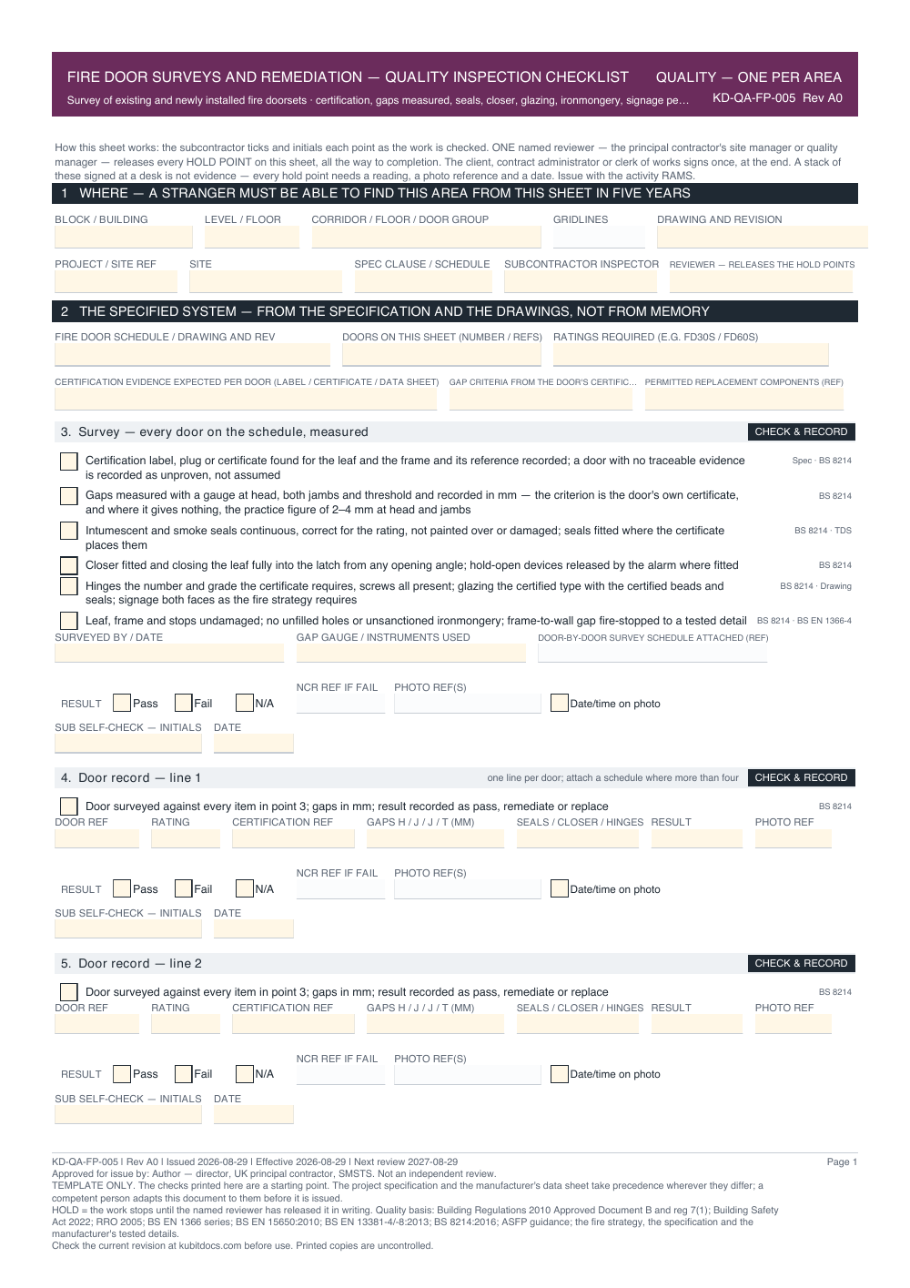 Fire Door Surveys and Remediation — Quality Inspection Checklist — page one