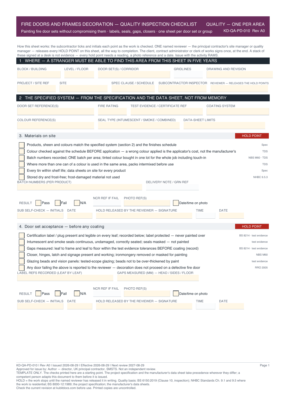 Fire Doors and Frames Decoration — Quality Inspection Checklist — page one