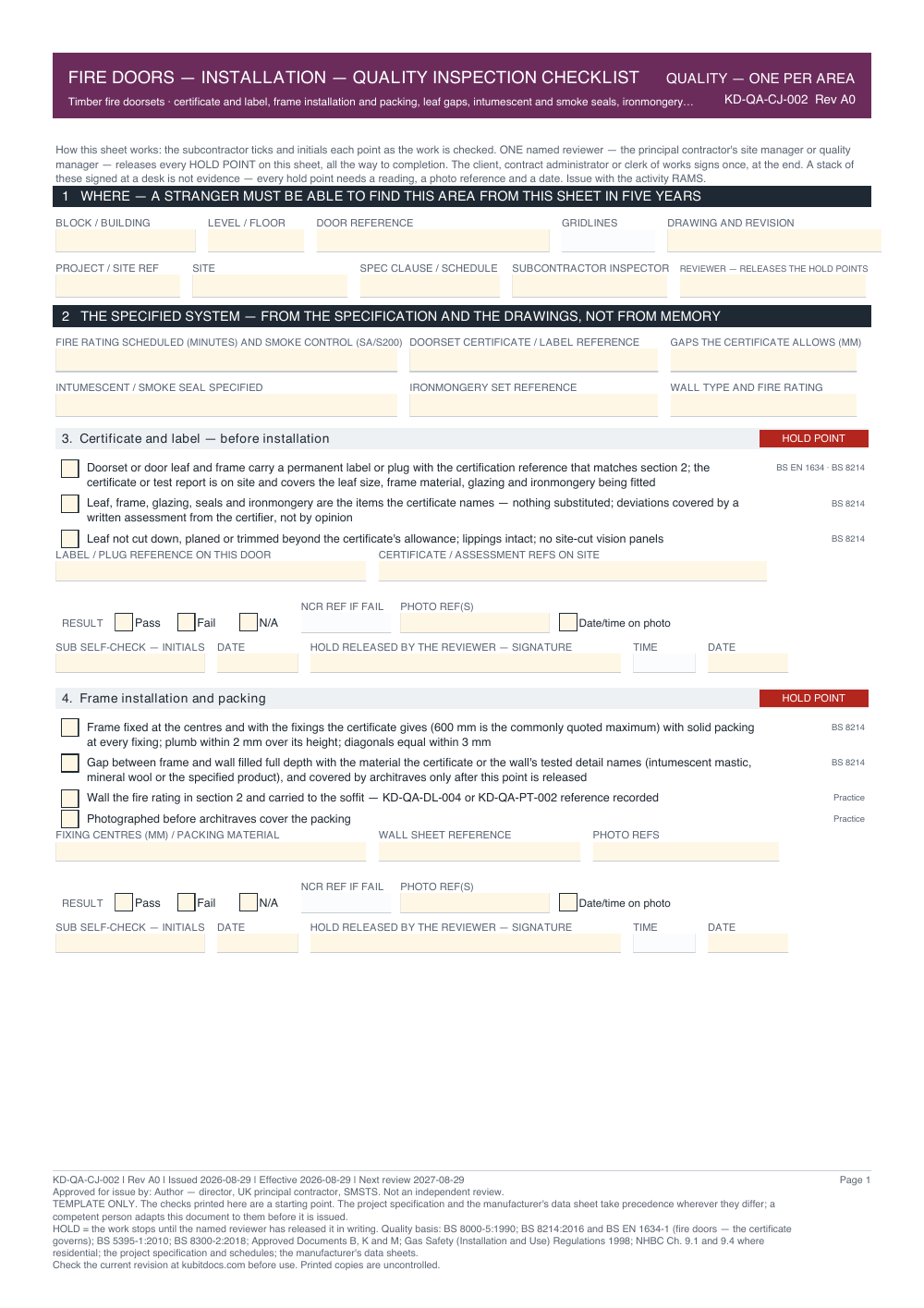Fire Doors — Installation — Quality Inspection Checklist — page one