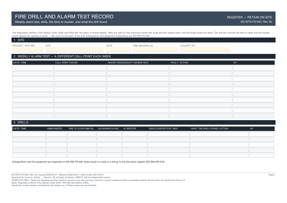 Fire Drill and Alarm Test Record — page one