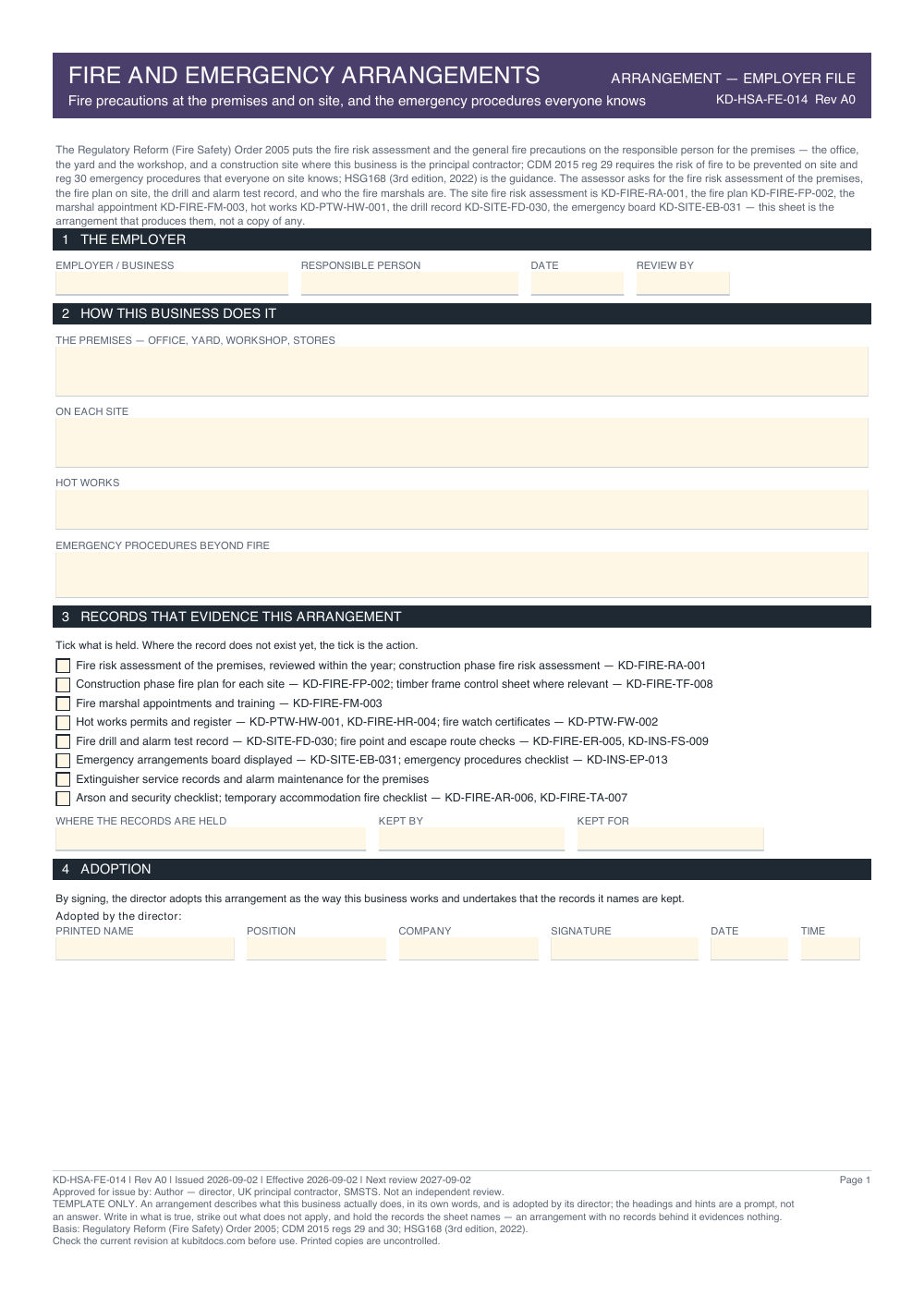Fire and Emergency Arrangements — page one