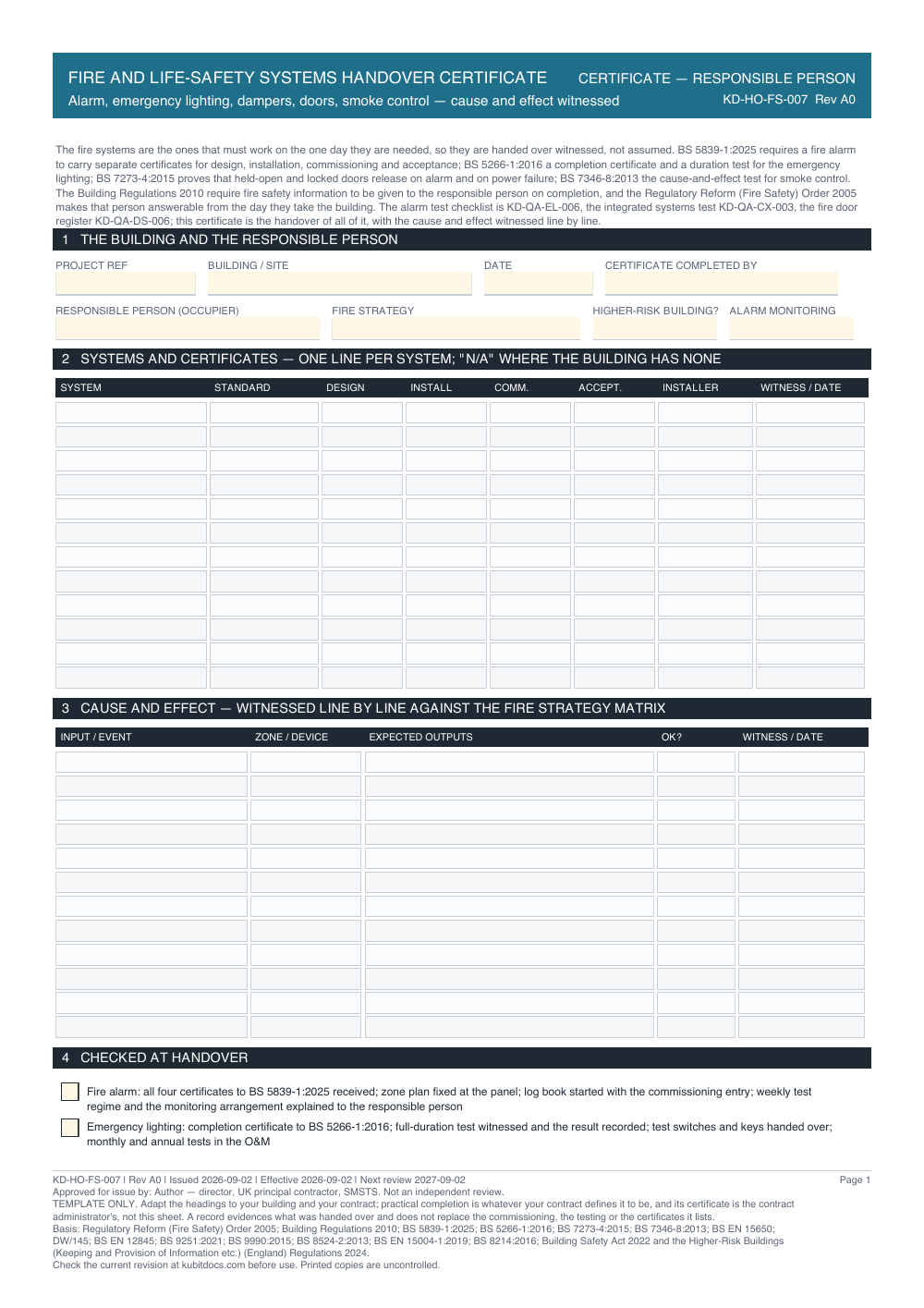 Fire and Life-Safety Systems Handover Certificate — page one