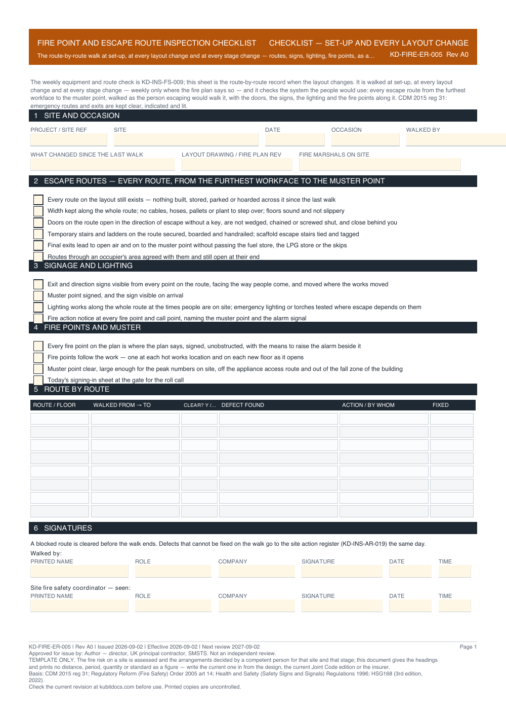 Fire Point and Escape Route Inspection Checklist — page one