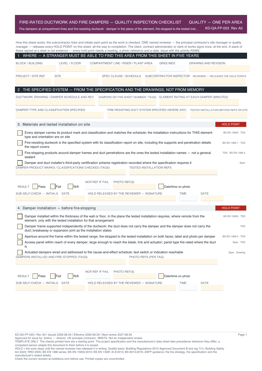 Fire-Rated Ductwork and Fire Dampers — Quality Inspection Checklist — page one