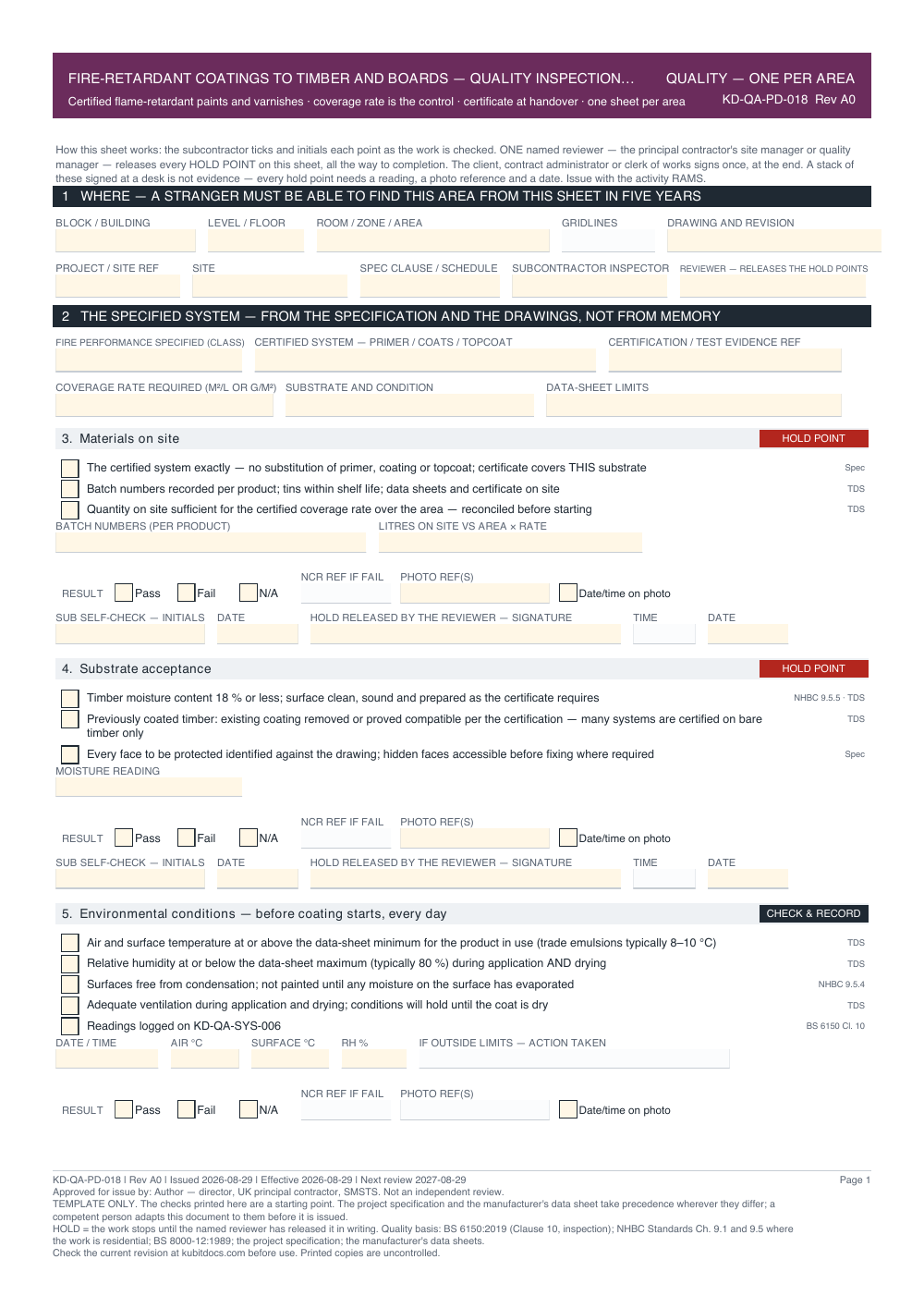 Fire-Retardant Coatings to Timber and Boards — Quality Inspection Checklist — page one