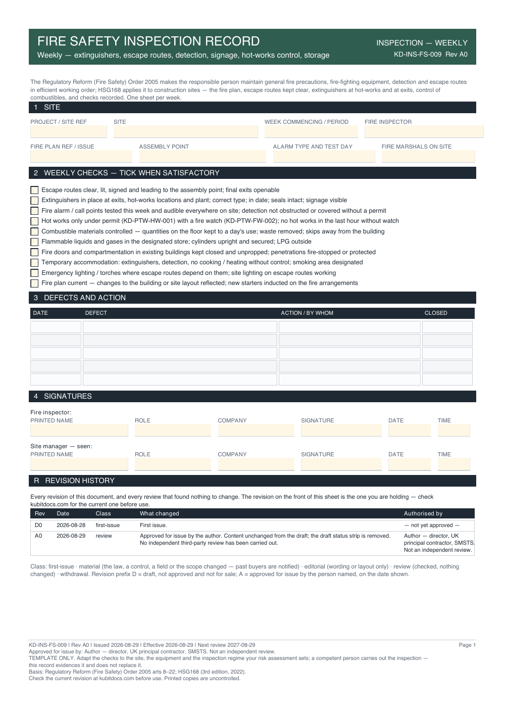 Fire Safety Inspection Record — page one