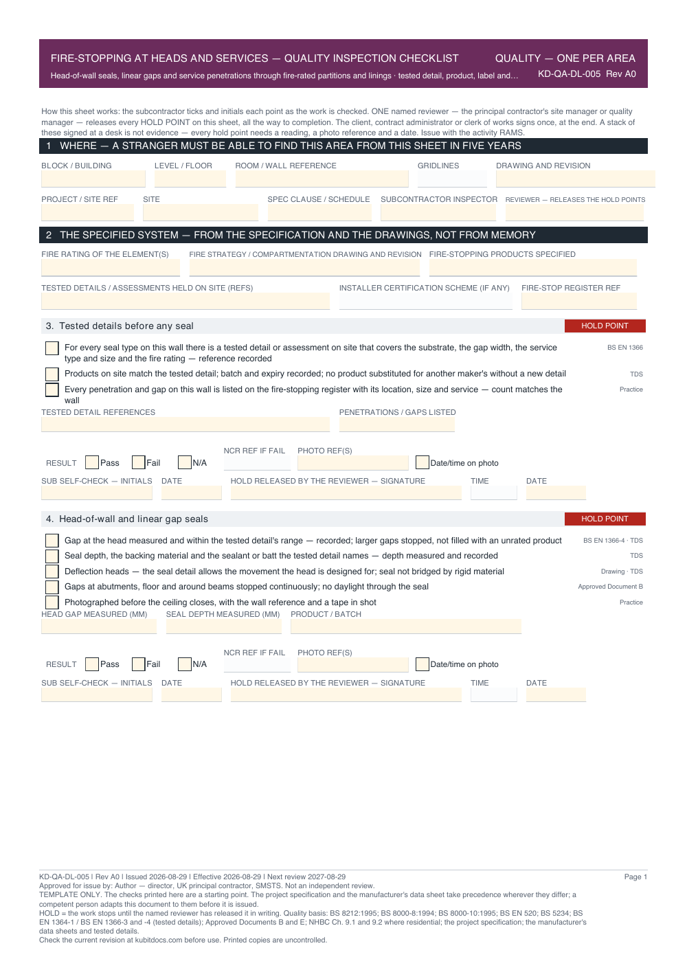 Fire-Stopping at Heads and Services — Quality Inspection Checklist — page one