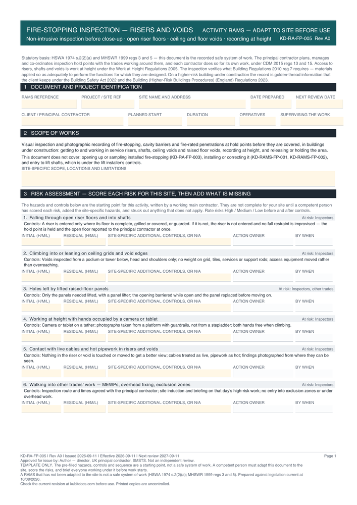 Fire-Stopping Inspection — Risers and Voids — page one
