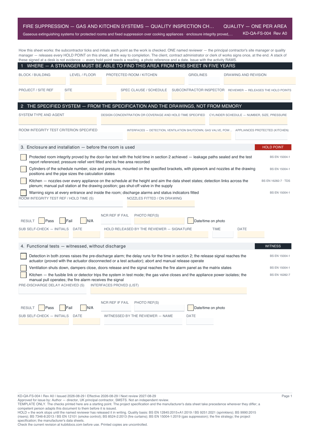 Fire Suppression — Gas and Kitchen Systems — Quality Inspection Checklist — page one