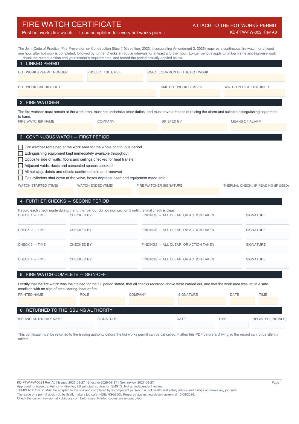 Fire Watch Certificate — page one