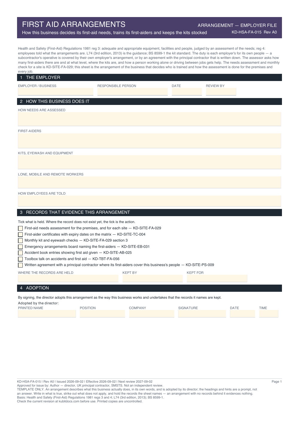 First Aid Arrangements — page one