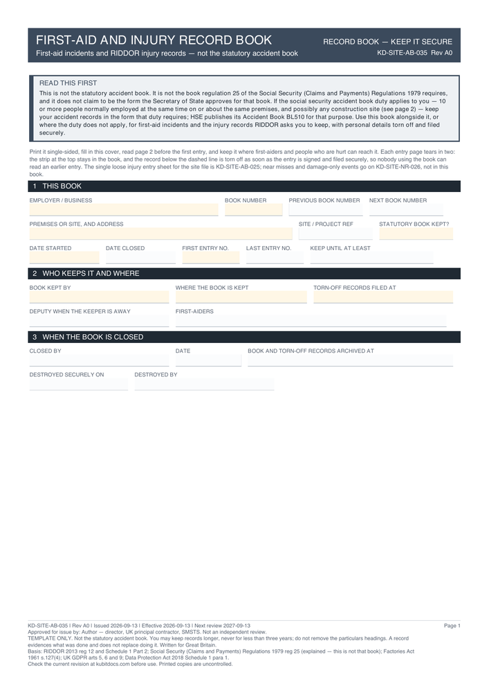 First-Aid and Injury Record Book — page one