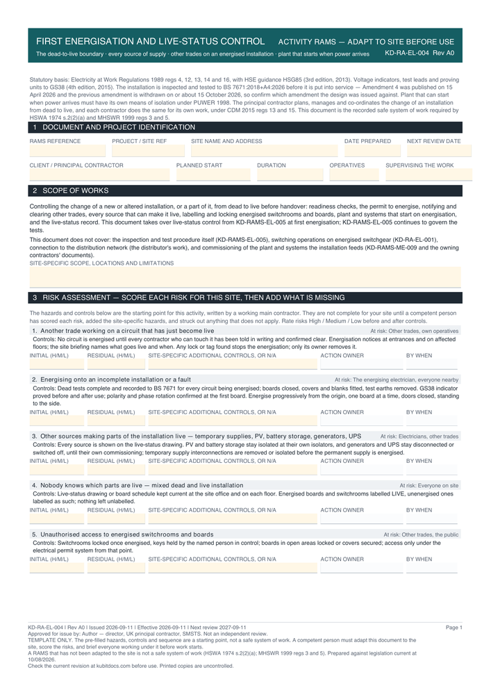 First Energisation and Live-Status Control — page one