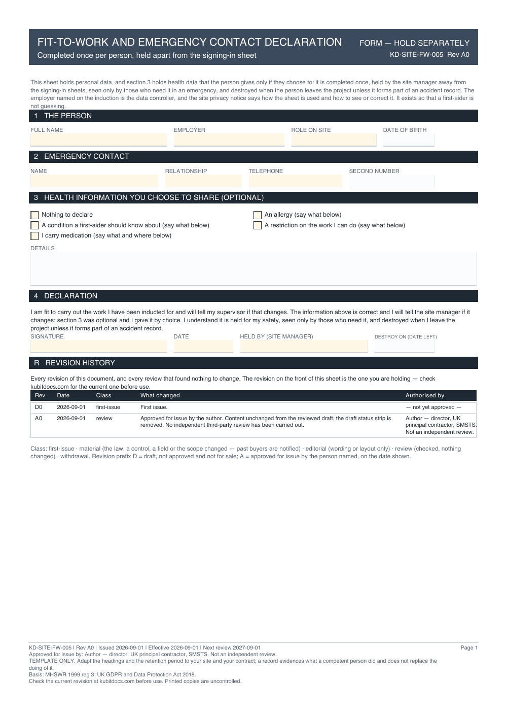 Fit-to-Work and Emergency Contact Declaration — page one
