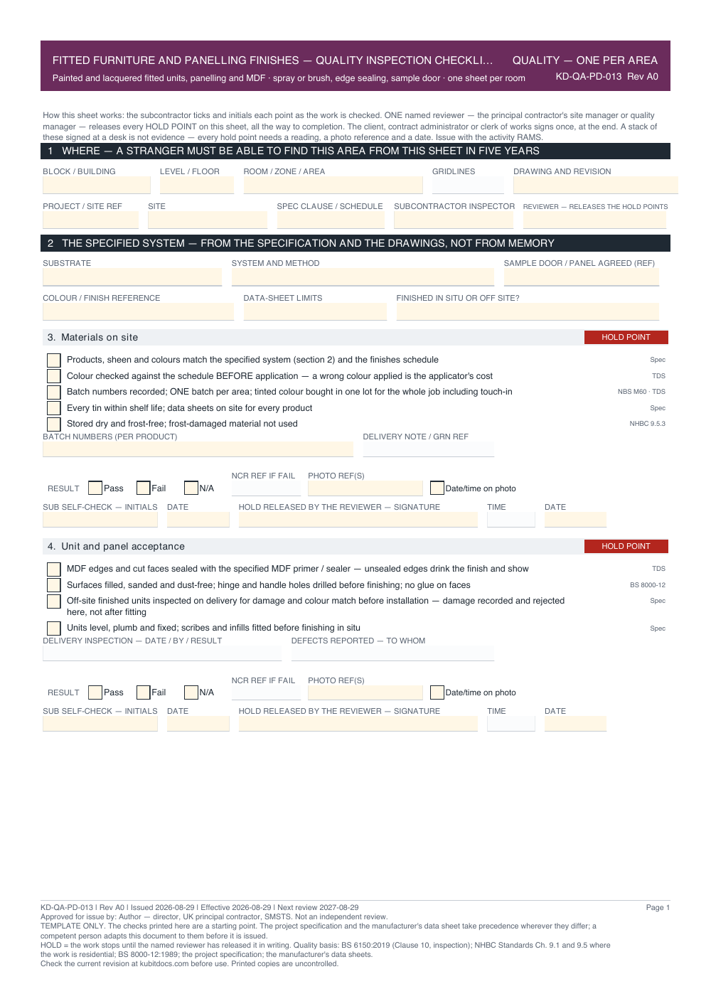 Fitted Furniture and Panelling Finishes — Quality Inspection Checklist — page one