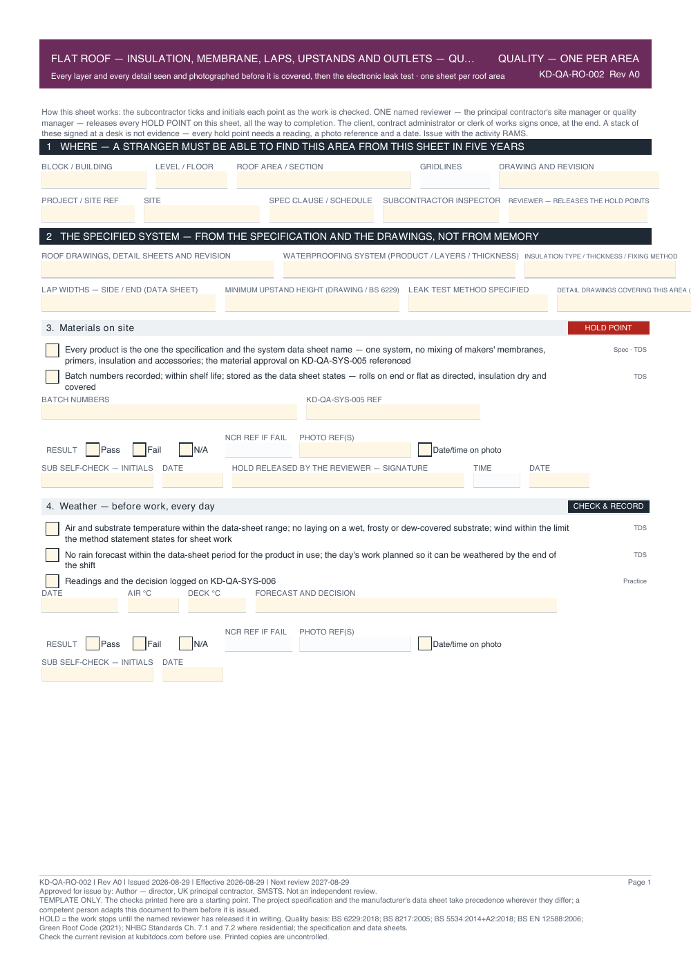 Flat Roof — Insulation, Membrane, Laps, Upstands and Outlets — Quality Inspection Checklist — page one