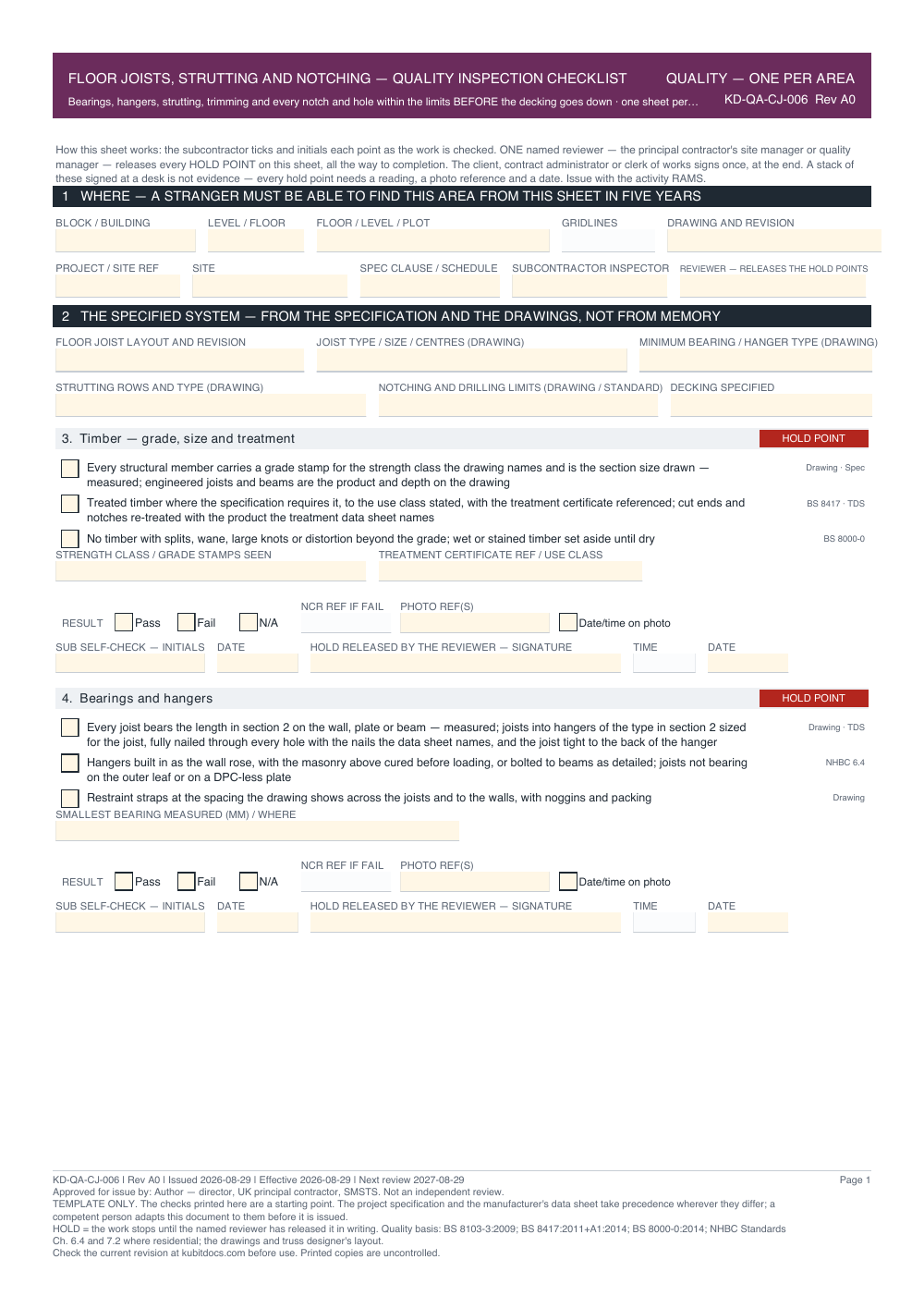 Floor Joists, Strutting and Notching — Quality Inspection Checklist — page one