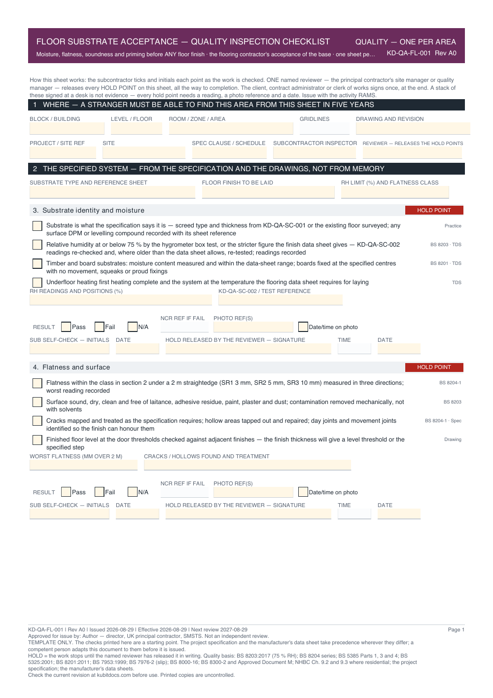 Floor Substrate Acceptance — Quality Inspection Checklist — page one