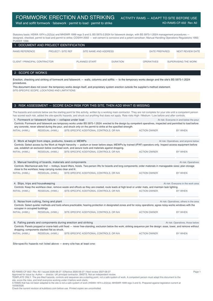 Formwork Erection and Striking — page one