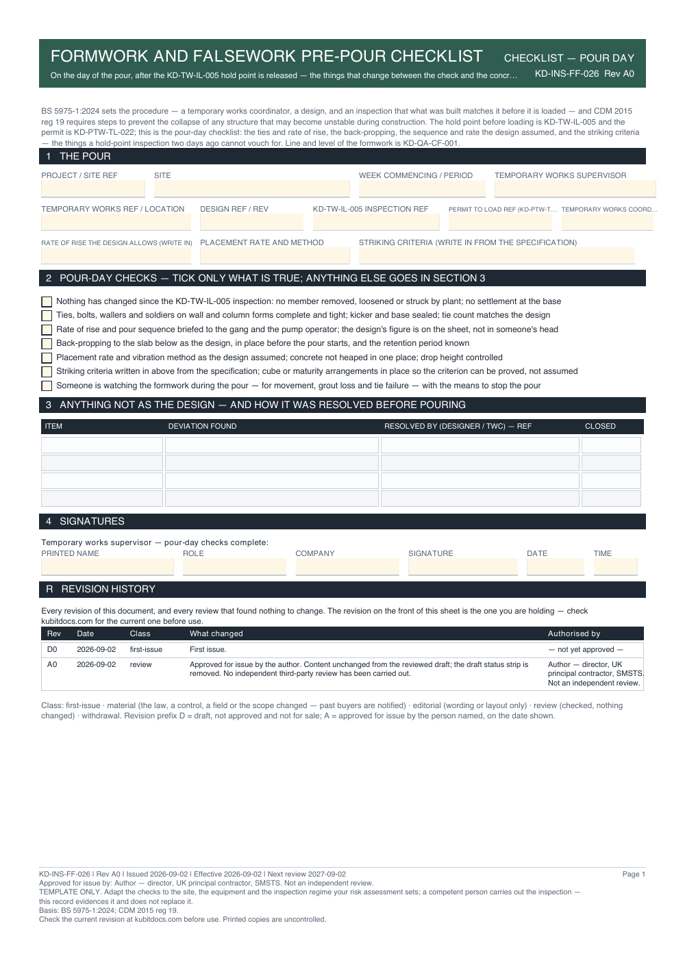 Formwork and Falsework Pre-Pour Checklist — page one