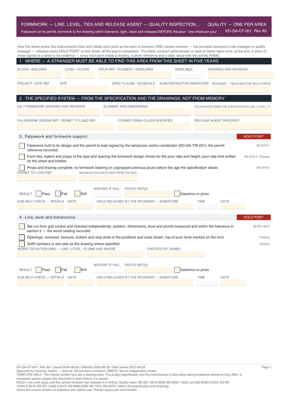 Formwork — Line, Level, Ties and Release Agent — Quality Inspection Checklist — page one