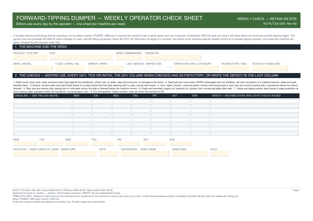 Forward-Tipping Dumper — Weekly Operator Check Sheet — page one