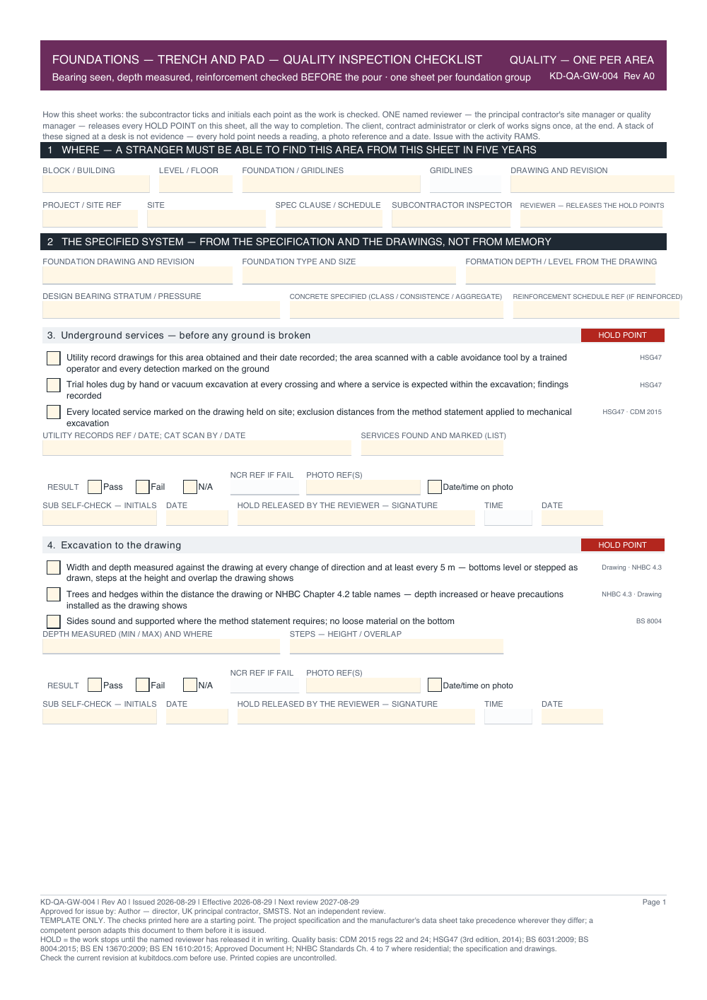 Foundations — Trench and Pad — Quality Inspection Checklist — page one