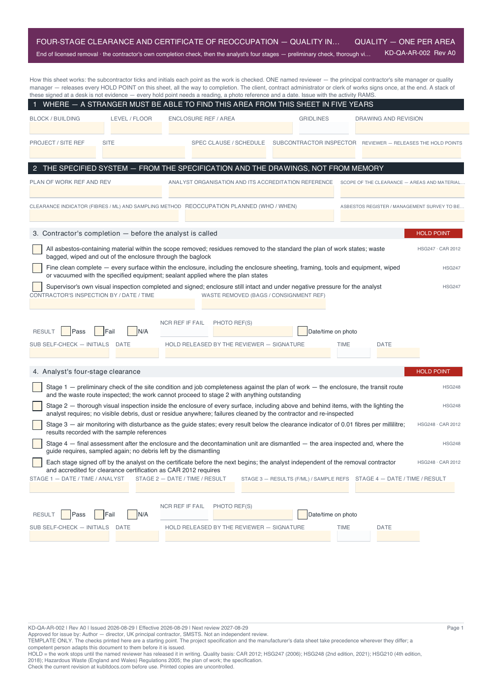 Four-Stage Clearance and Certificate of Reoccupation — Quality Inspection Checklist — page one