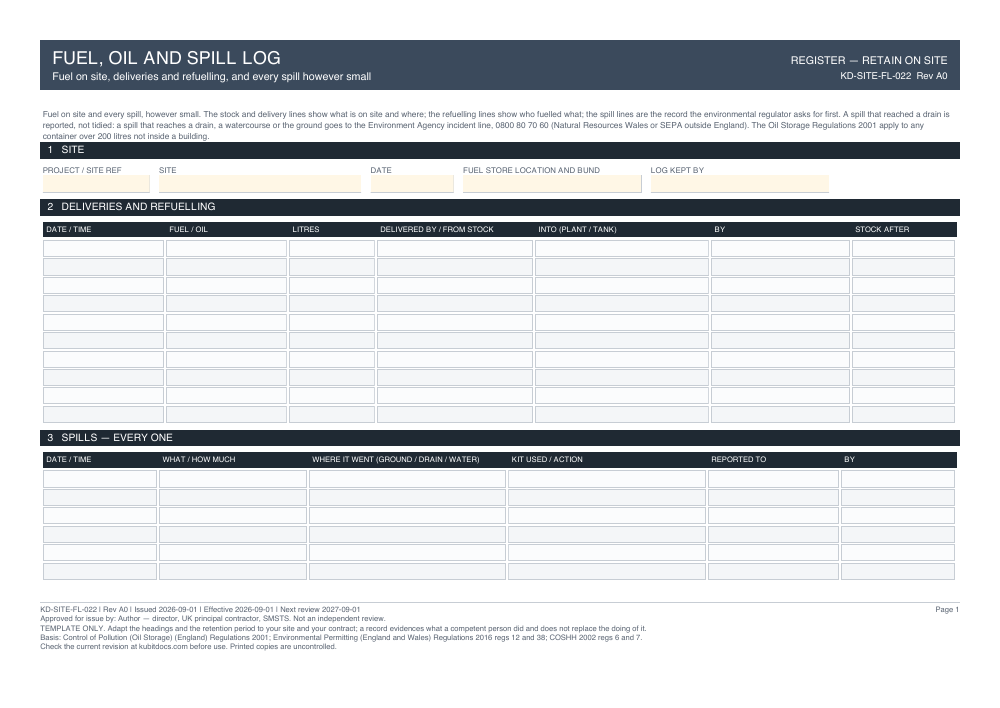 Fuel, Oil and Spill Log — page one