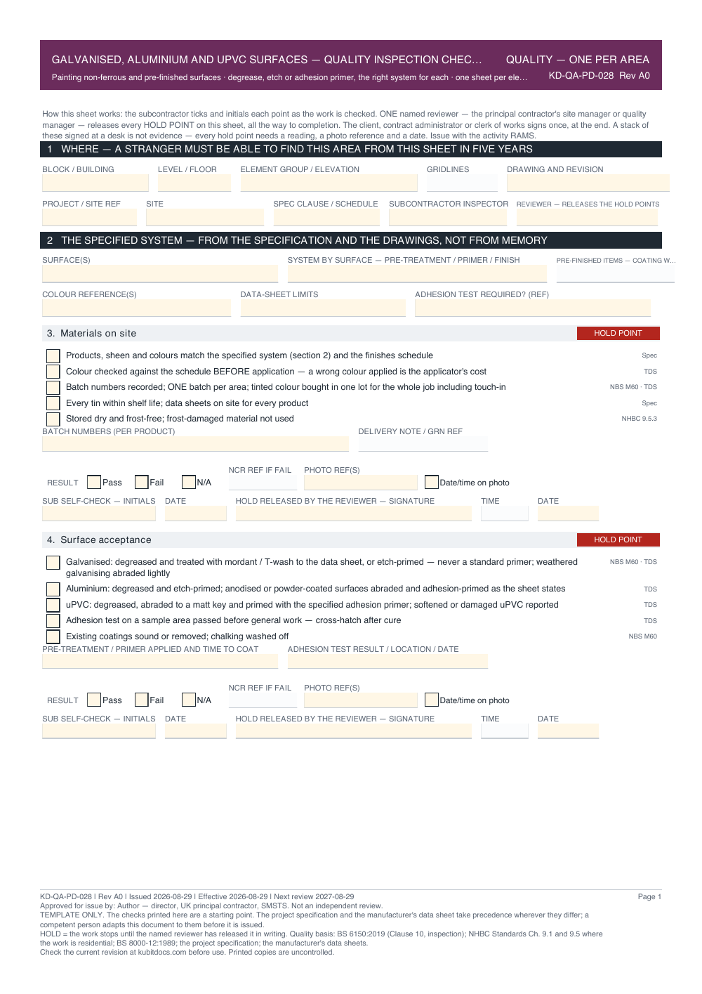 Galvanised, Aluminium and uPVC Surfaces — Quality Inspection Checklist — page one
