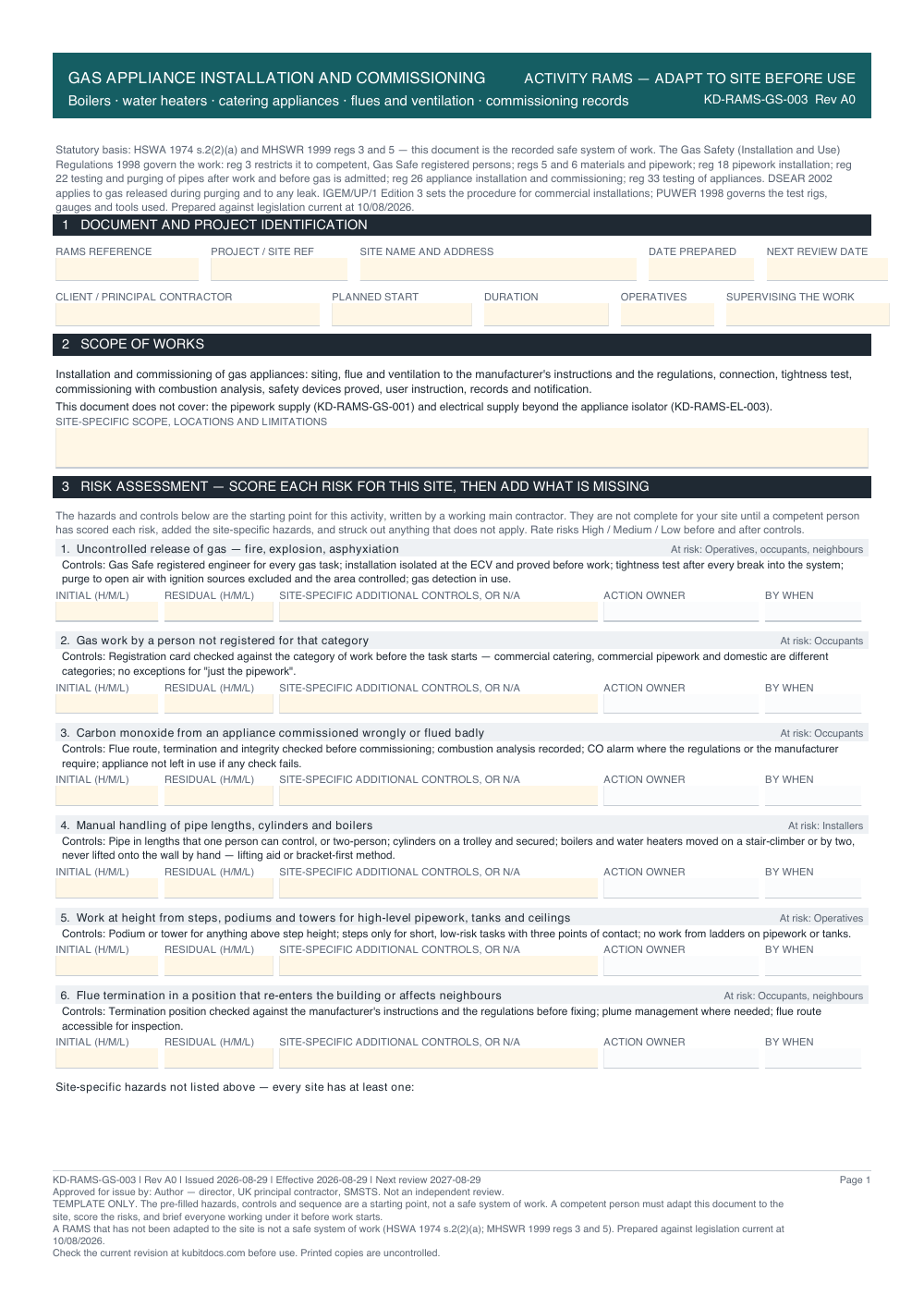 Gas Appliance Installation and Commissioning — page one
