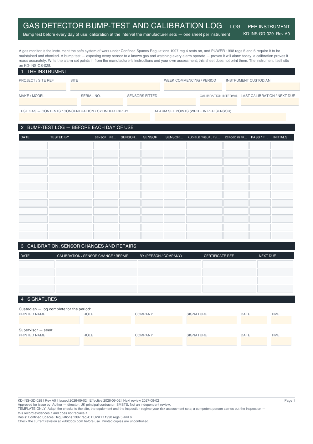 Gas Detector Bump-Test and Calibration Log — page one