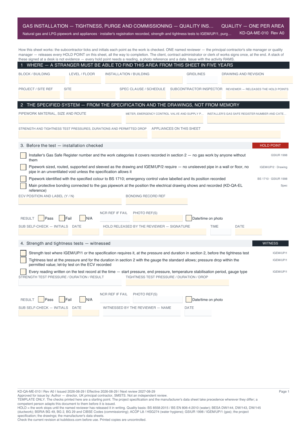 Gas Installation — Tightness, Purge and Commissioning — Quality Inspection Checklist — page one
